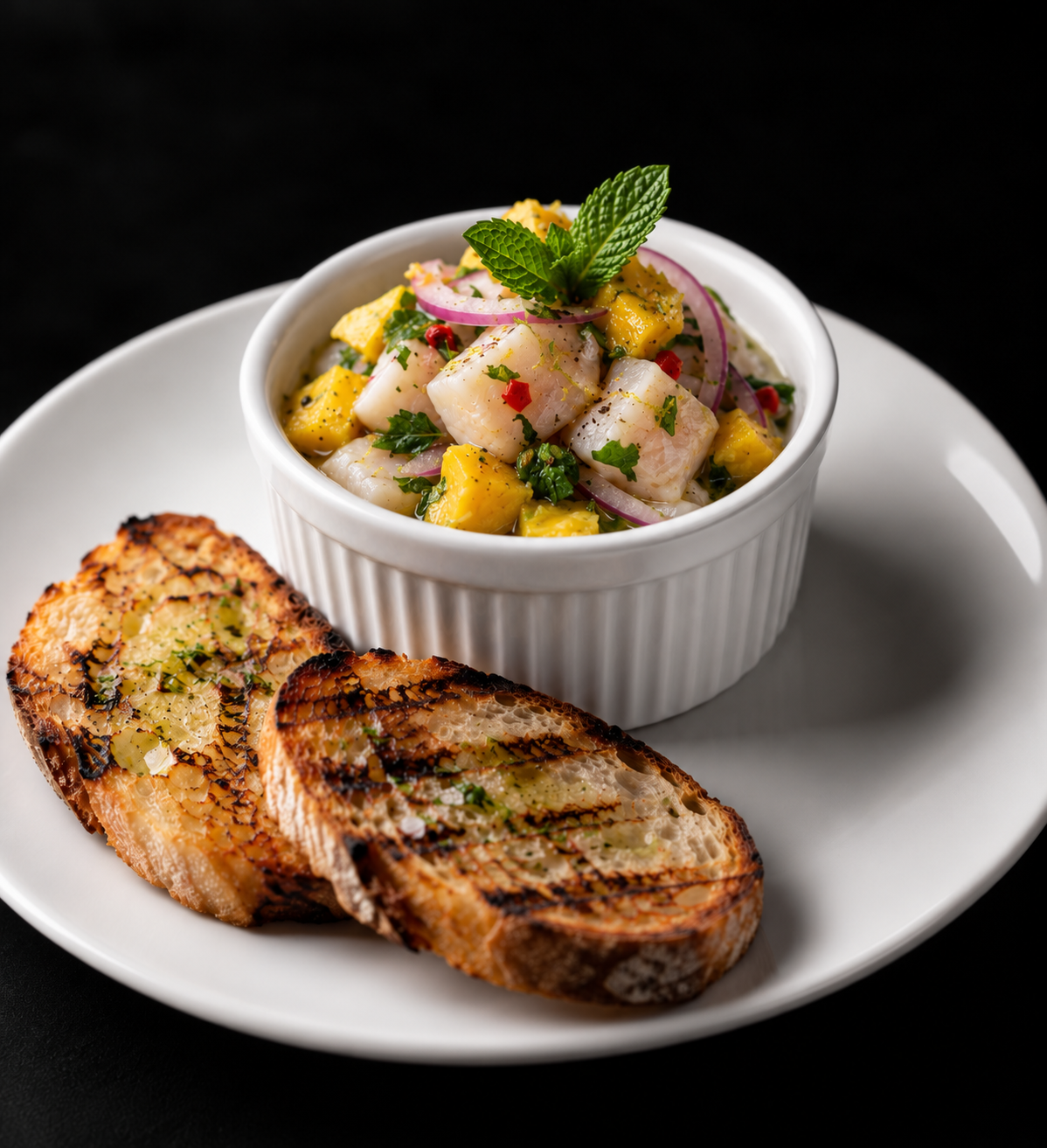 Ceviche Tropical com peixe branco, manga e cebola-roxa, servido em uma tigela sobre prato branco