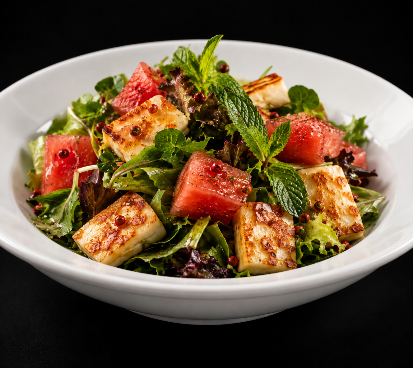 Salada Tropical com melancia fresca, queijo coalho dourado, folhas, hortelã e pimenta-rosa