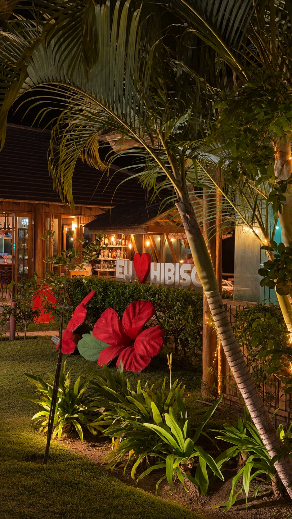 Jardim tropical do Hibisco Praia iluminado à noite