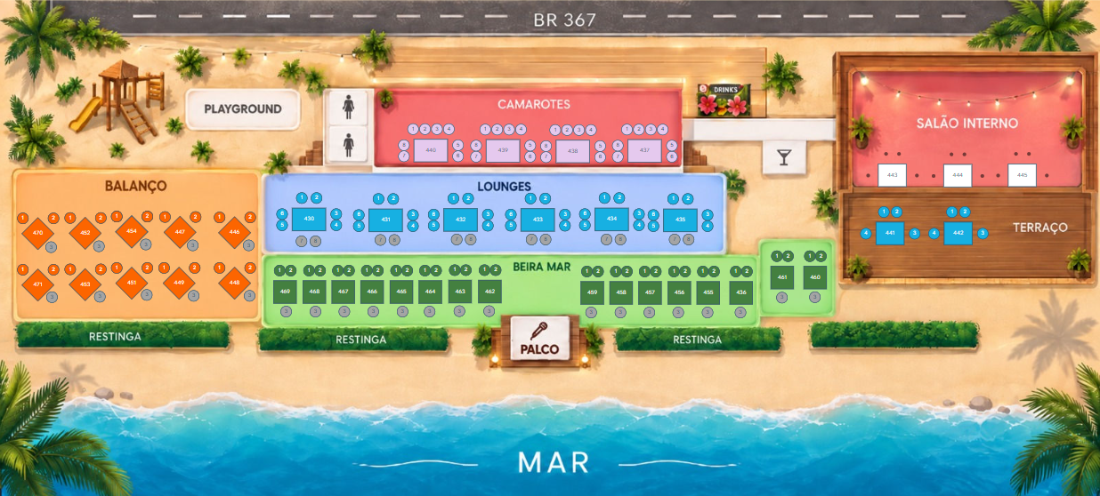 Mapa dos setores e mesas do Réveillon Hibisco Praia 2027