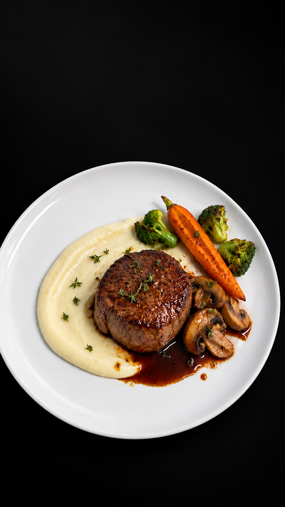 Filé-mignon com aligot de aipim, cogumelos e legumes tostados