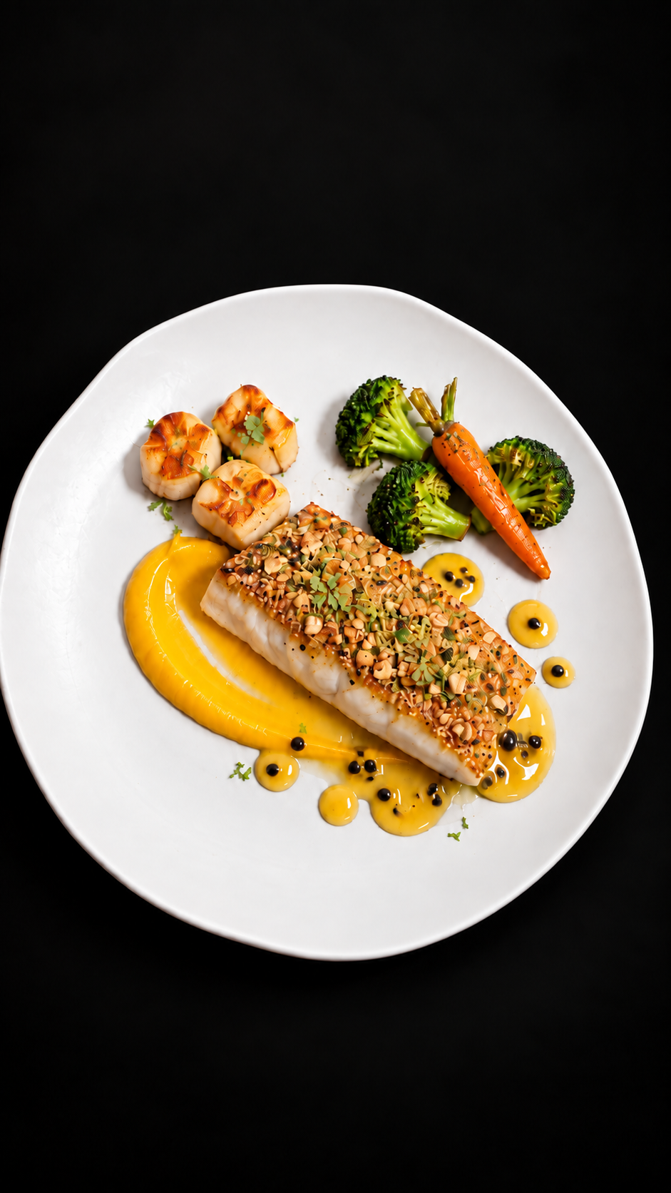 Pescada-amarela em crosta de castanha-de-caju com legumes e molho tropical