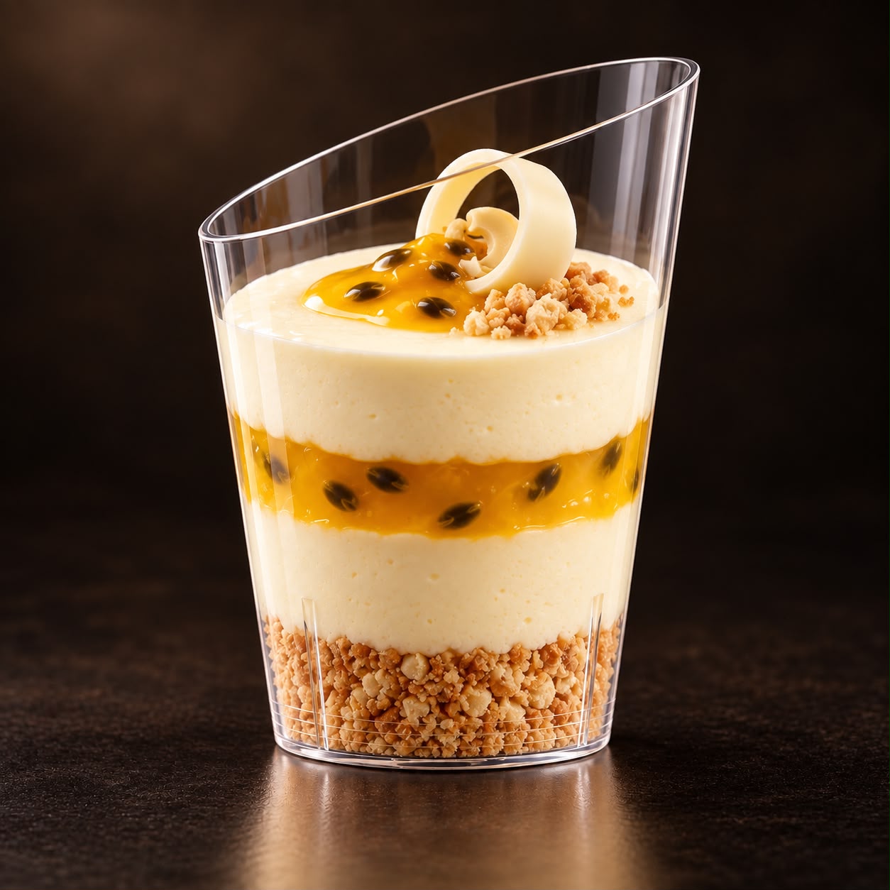 Verrine de chocolate branco e maracujá em camadas, com base crocante de biscoito e castanha-de-caju